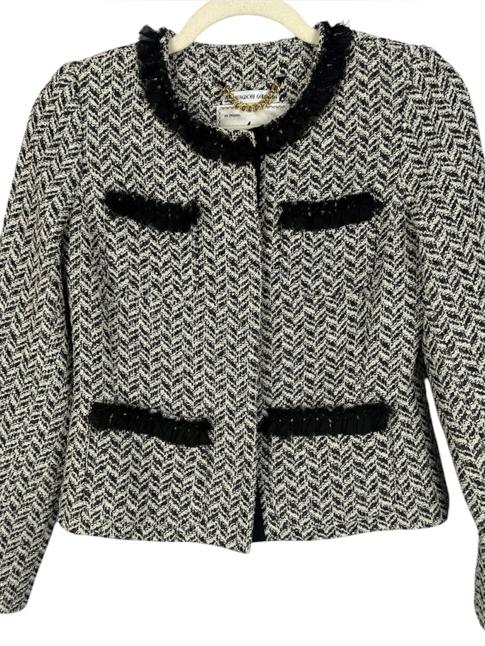 Milly of New York Tweed Chevron Jacket 2 Bergdorf Goodman Black White Silk Trim